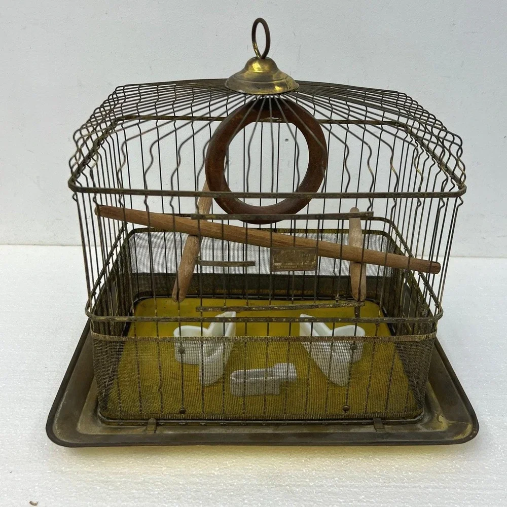 Hendryx Antique Brass Bird Cage Vintage Wire Pet w Porcelain Feeders Perch Gold